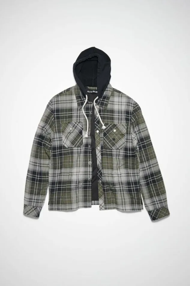Acne Studios Outerwear Woman Check Hooded JacketUnisex GreyDark Green