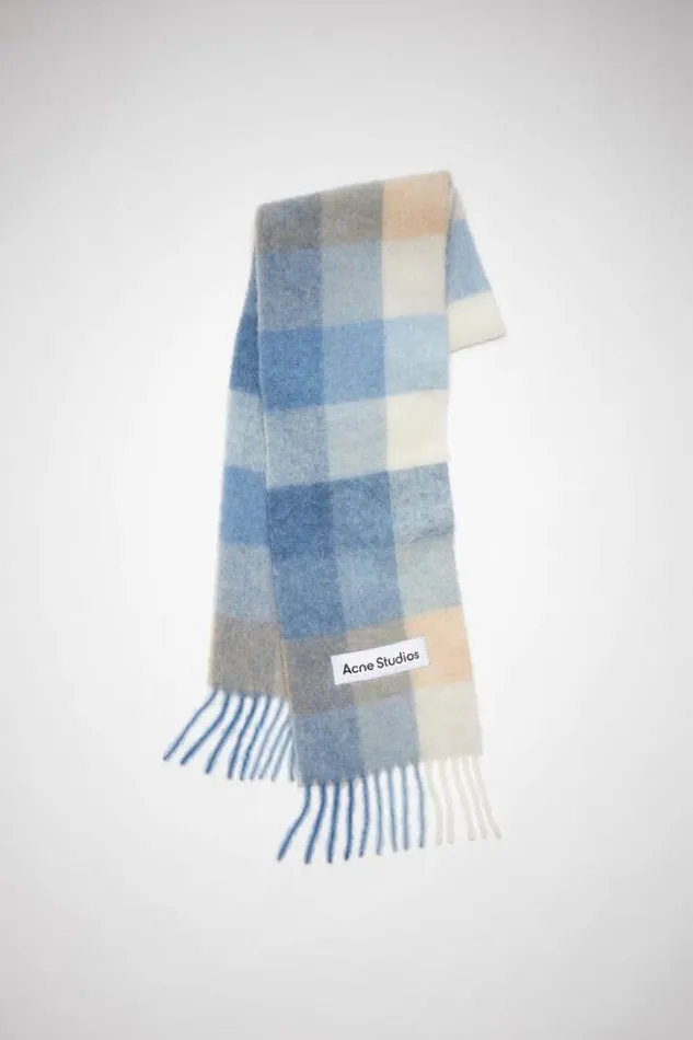 Acne Studios Scarves Man Checked Wool Fringe Scarf Pastel BlueBeige