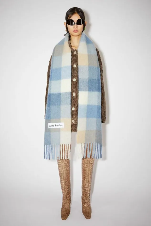 Acne Studios Scarves Man Checked Wool Fringe Scarf Pastel BlueBeige
