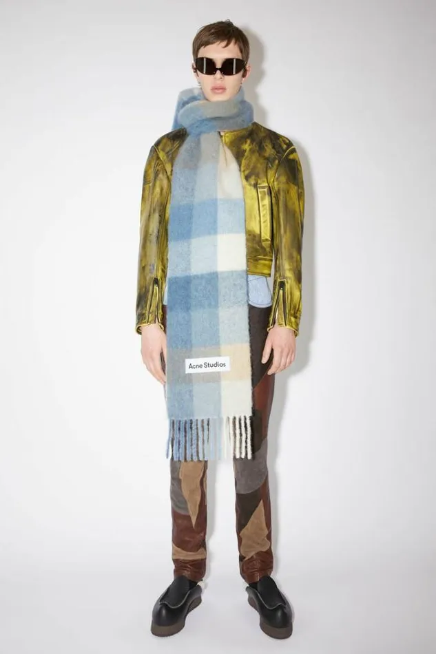 Acne Studios Scarves Man Checked Wool Fringe Scarf Pastel BlueBeige