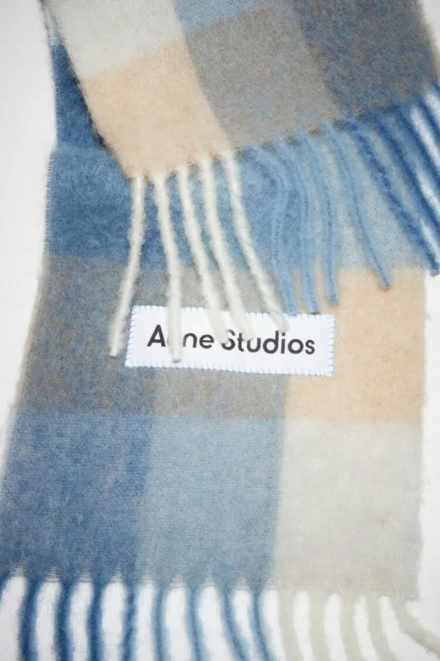 Acne Studios Scarves Man Checked Wool Fringe Scarf Pastel BlueBeige
