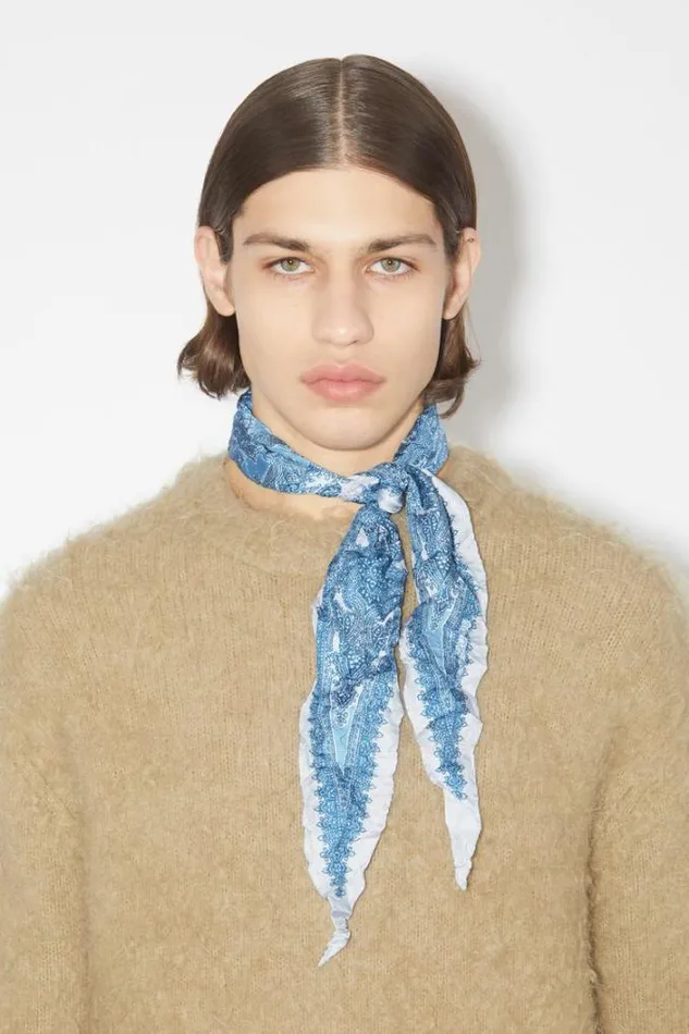 Acne Studios Scarves Man Printed Silk Scarf Denim Blue