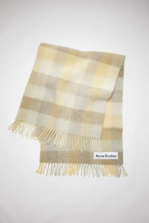 Acne Studios Scarves Woman Check Alpaca Blend Blanket Scarf Pale YellowBeigeGrey