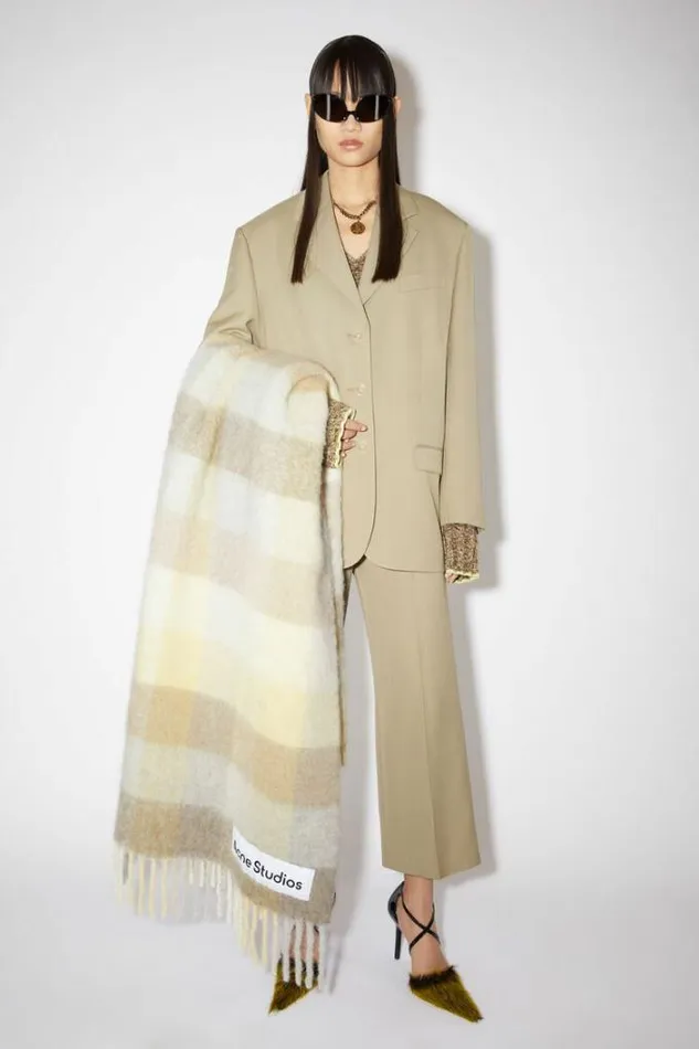 Acne Studios Scarves Woman Check Alpaca Blend Blanket Scarf Pale YellowBeigeGrey