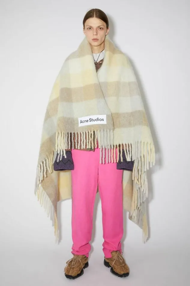 Acne Studios Scarves Woman Check Alpaca Blend Blanket Scarf Pale YellowBeigeGrey