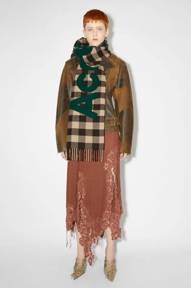 Acne Studios Scarves Woman Check Logo Scarf BrownGreen