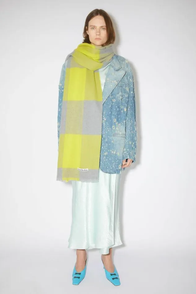 Acne Studios Scarves Woman Check Wool Scarf Acid YellowCarbon Grey