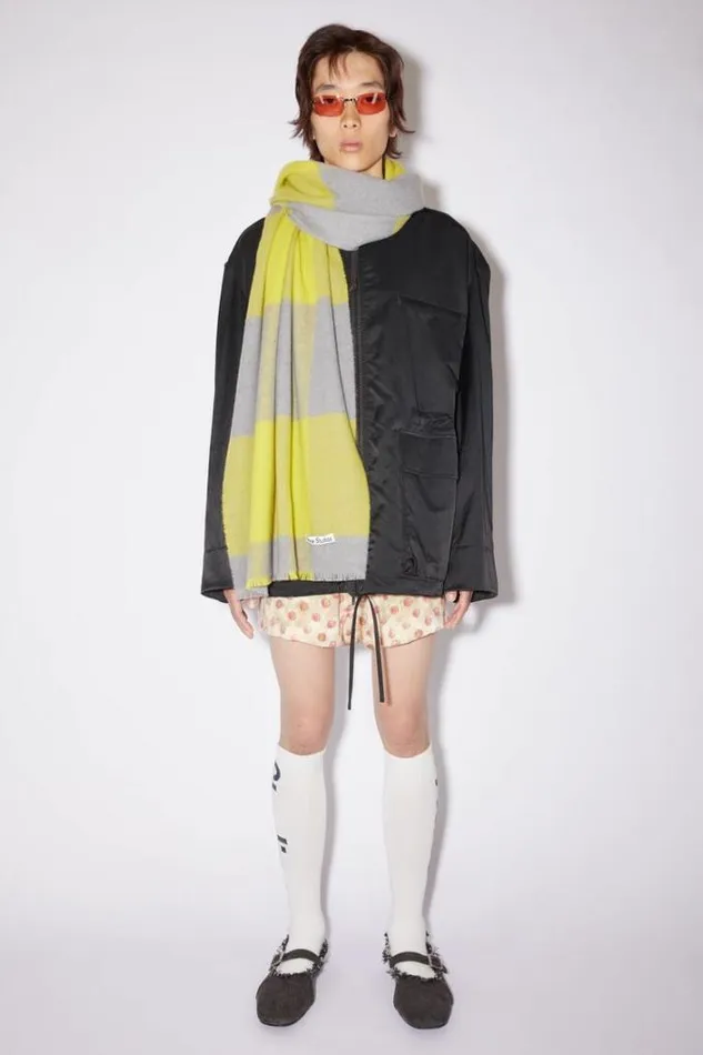Acne Studios Scarves Woman Check Wool Scarf Acid YellowCarbon Grey