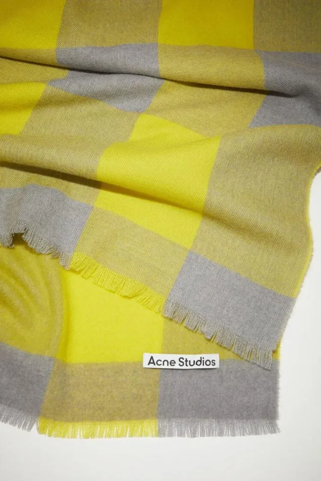 Acne Studios Scarves Woman Check Wool Scarf Acid YellowCarbon Grey