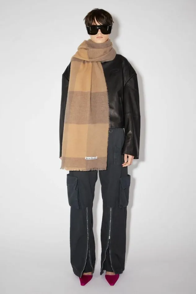 Acne Studios Scarves Woman Check Wool Scarf Dark CamelFox Grey
