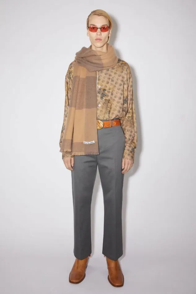 Acne Studios Scarves Woman Check Wool Scarf Dark CamelFox Grey