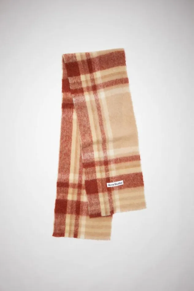 Acne Studios Scarves Woman Checked Logo Wool Scarf BeigeRust Red