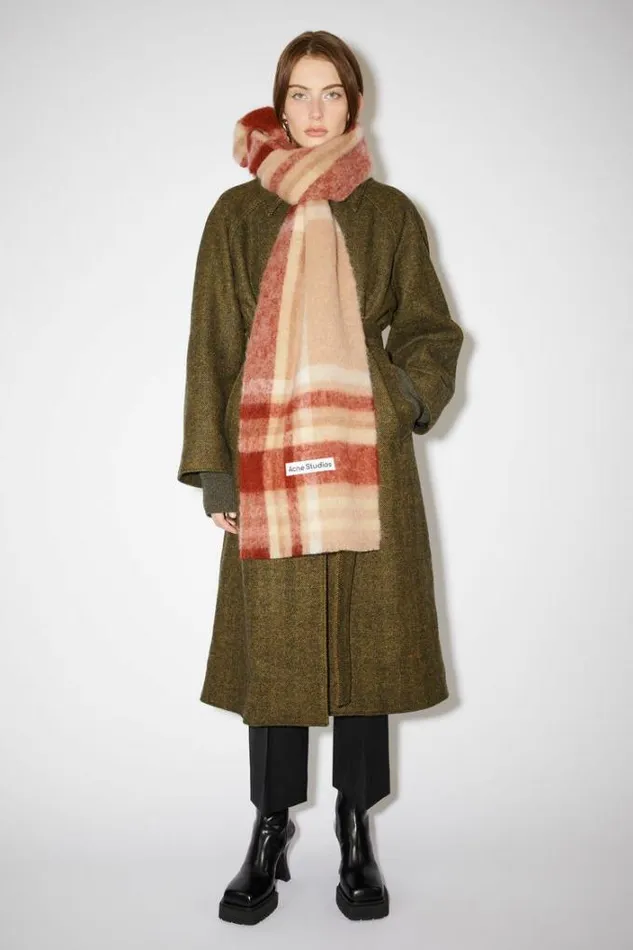 Acne Studios Scarves Woman Checked Logo Wool Scarf BeigeRust Red