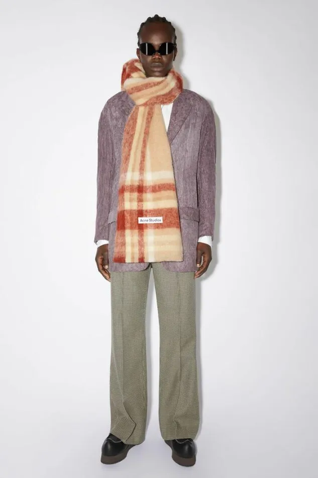 Acne Studios Scarves Woman Checked Logo Wool Scarf BeigeRust Red