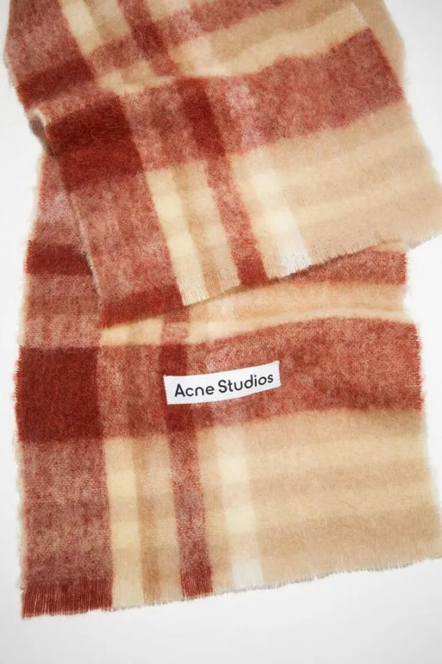 Acne Studios Scarves Woman Checked Logo Wool Scarf BeigeRust Red