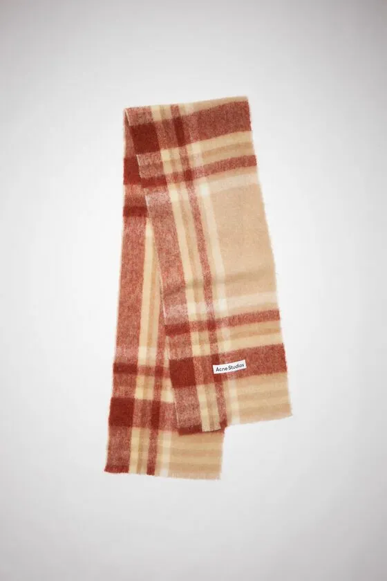 Acne Studios Scarves Woman Checked Logo Wool Scarf BeigeRust Red