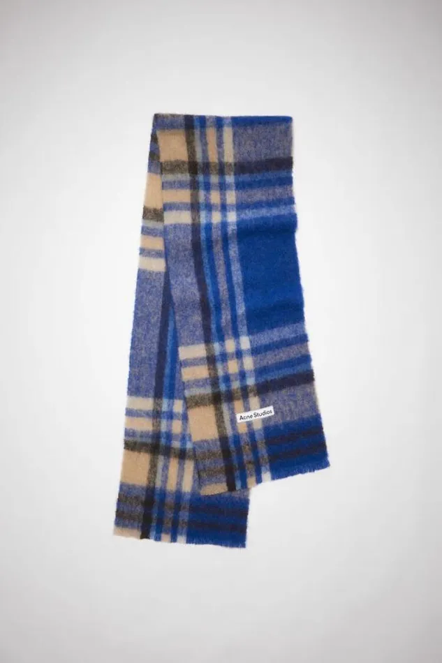 Acne Studios Scarves Woman Checked Logo Wool Scarf Electric BlueBeige