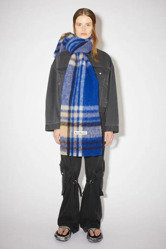 Acne Studios Scarves Woman Checked Logo Wool Scarf Electric BlueBeige