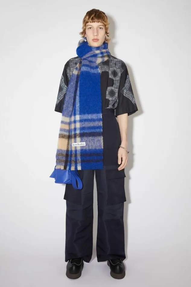 Acne Studios Scarves Woman Checked Logo Wool Scarf Electric BlueBeige