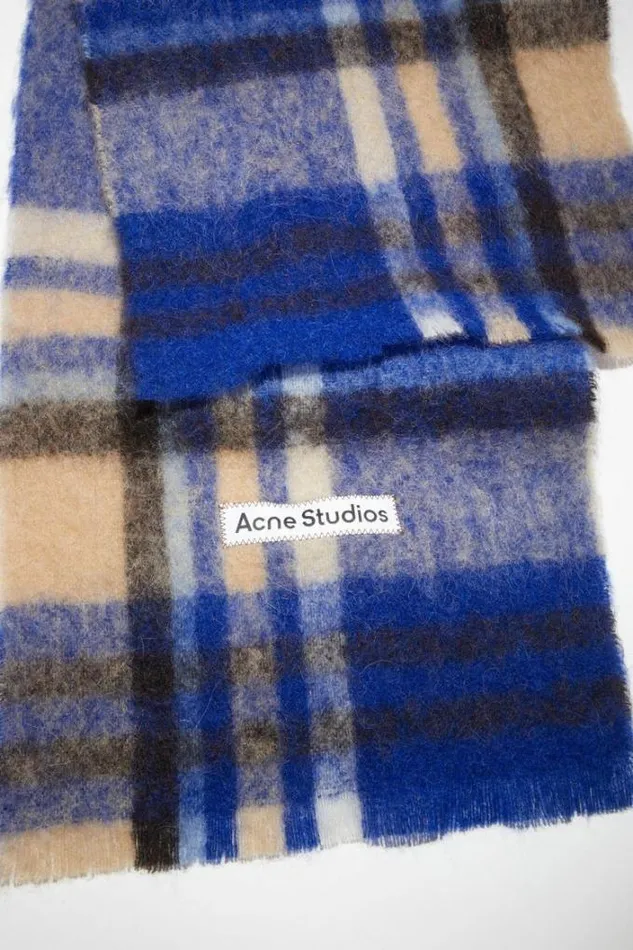 Acne Studios Scarves Woman Checked Logo Wool Scarf Electric BlueBeige