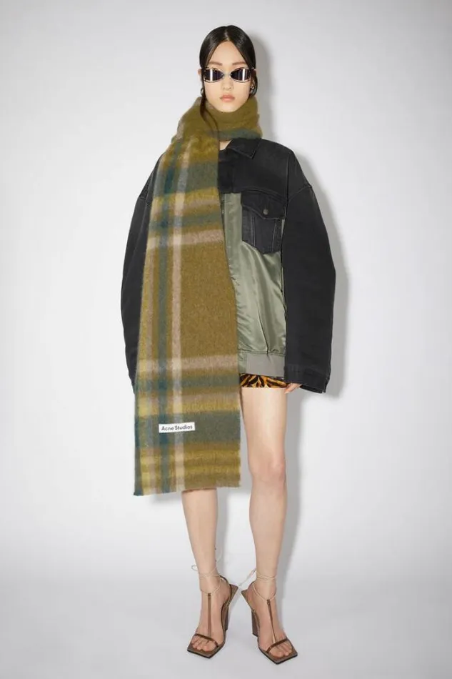 Acne Studios Scarves Woman Checked Scarf Khaki GreenForest Green
