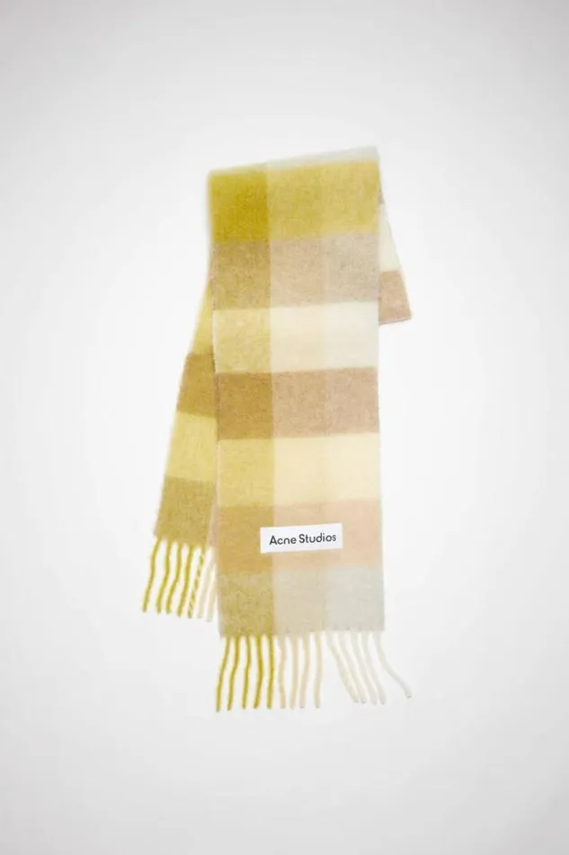 Acne Studios Scarves Woman Checked Wool Fringe Scarf Pastel YellowCream Beige