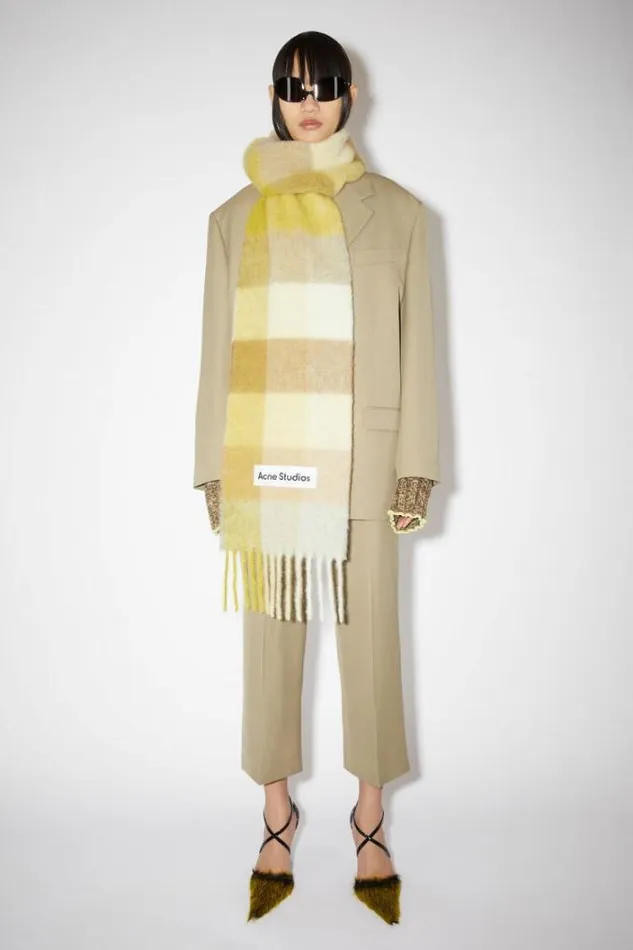 Acne Studios Scarves Woman Checked Wool Fringe Scarf Pastel YellowCream Beige