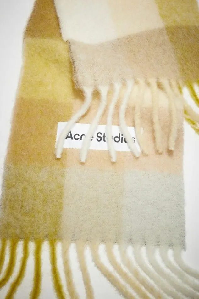 Acne Studios Scarves Woman Checked Wool Fringe Scarf Pastel YellowCream Beige
