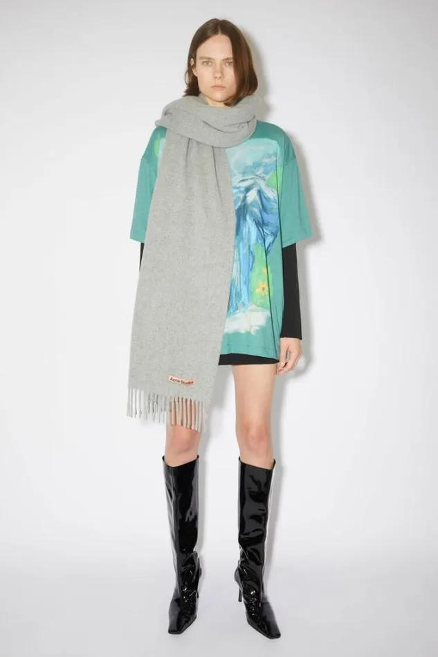 Acne Studios Scarves Woman Fringe Wool Scarf 8211 Oversized Light Grey Melange