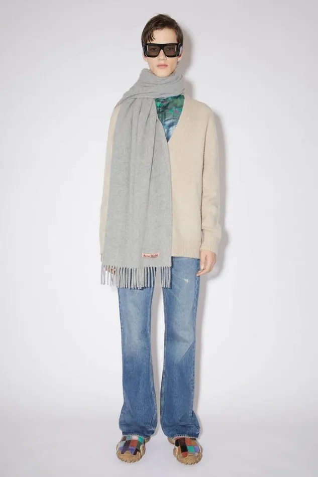 Acne Studios Scarves Woman Fringe Wool Scarf 8211 Oversized Light Grey Melange