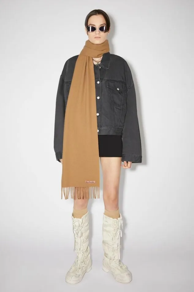 Acne Studios Scarves Woman Fringe Wool Scarf 8211 Skinny Dark Camel