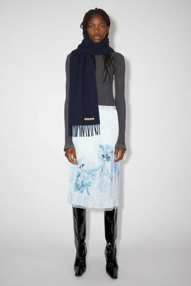 Acne Studios Scarves Woman Fringe Wool Scarf 8211 Skinny Navy Blue