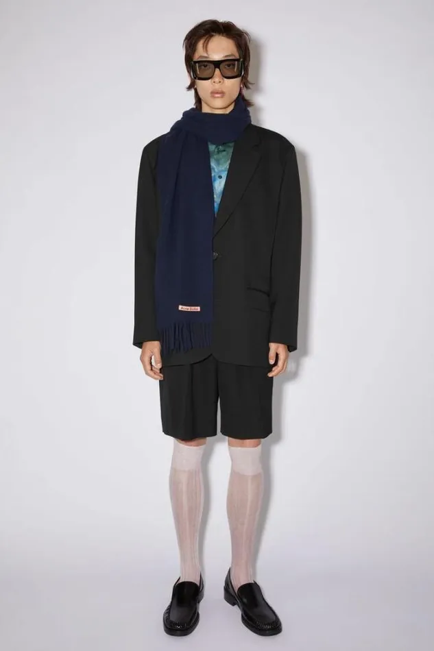 Acne Studios Scarves Woman Fringe Wool Scarf 8211 Skinny Navy Blue