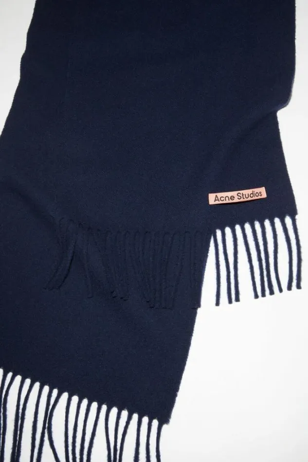 Acne Studios Scarves Woman Fringe Wool Scarf 8211 Skinny Navy Blue