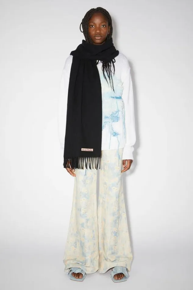Acne Studios Scarves Woman Fringe Wool Scarf Narrow Black
