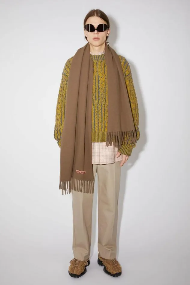 Acne Studios Scarves Woman Fringe Wool Scarf Narrow Caramel Brown