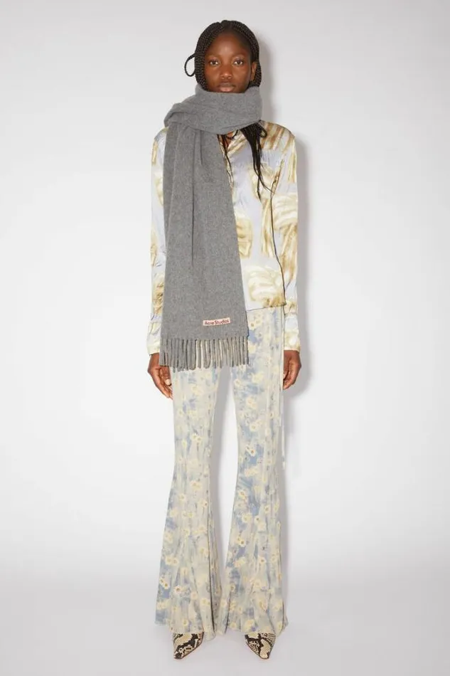 Acne Studios Scarves Woman Fringe Wool Scarf Narrow Grey Melange