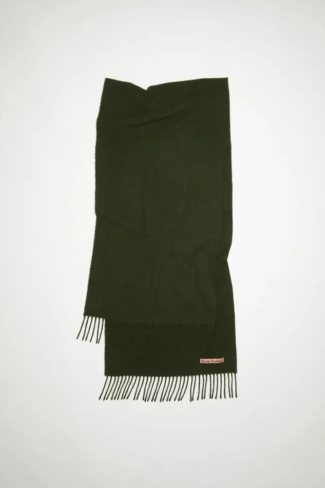 Acne Studios Scarves Woman Fringe Wool Scarf Narrow Wood Green Melange