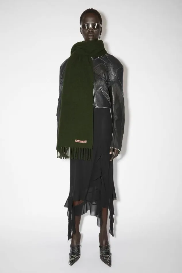 Acne Studios Scarves Woman Fringe Wool Scarf Narrow Wood Green Melange