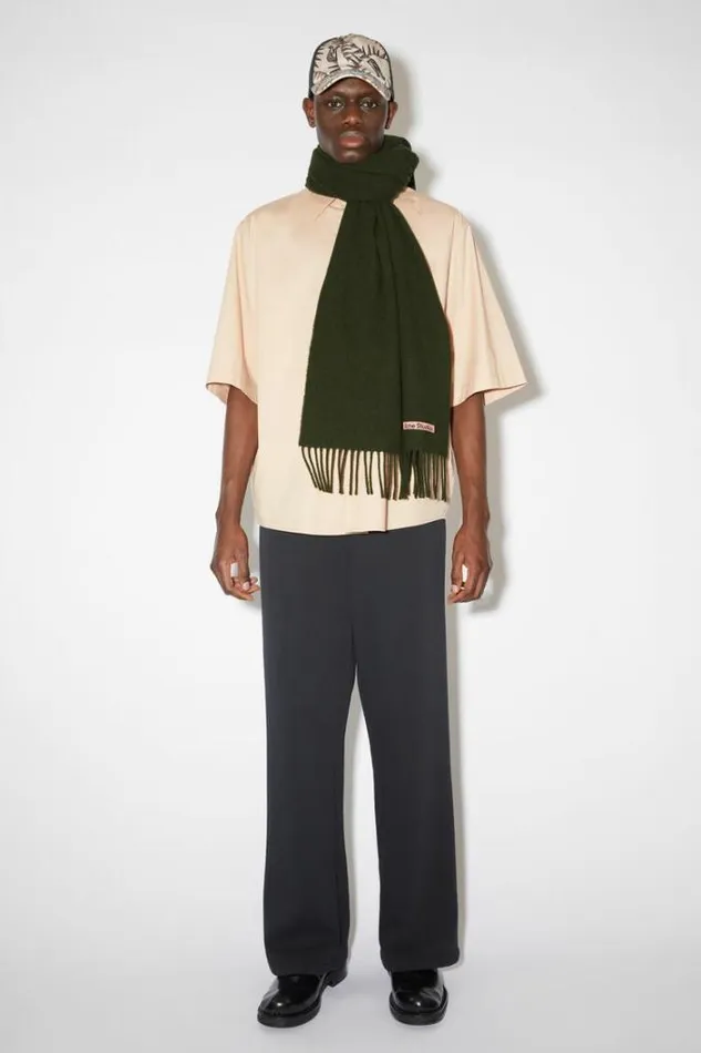 Acne Studios Scarves Woman Fringe Wool Scarf Narrow Wood Green Melange