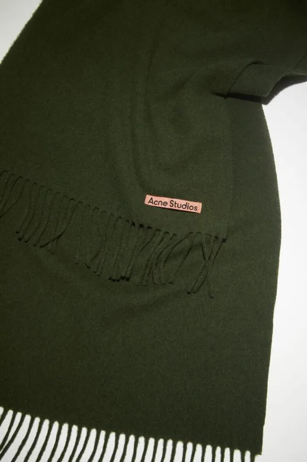 Acne Studios Scarves Woman Fringe Wool Scarf Narrow Wood Green Melange