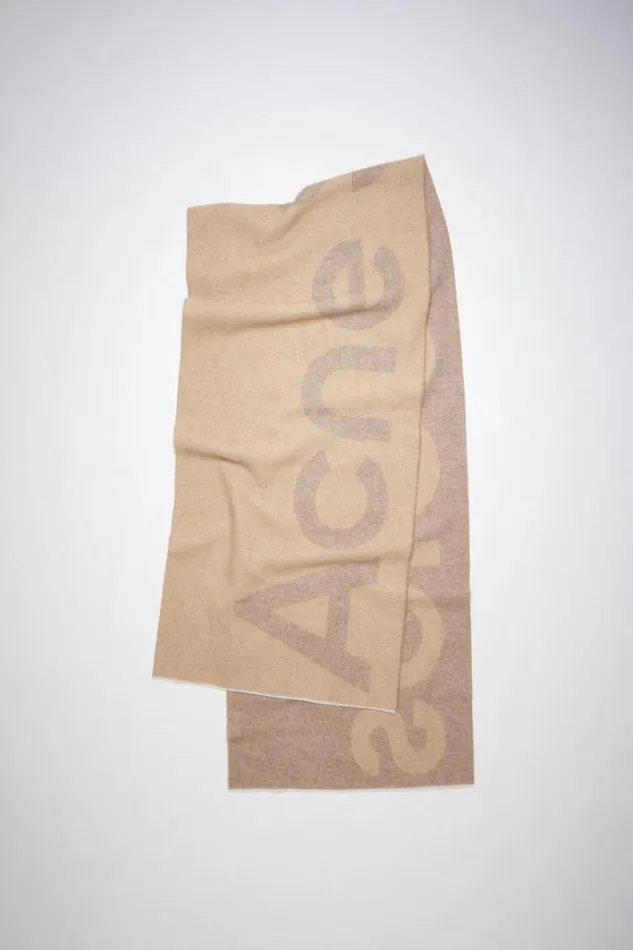 Acne Studios Scarves Woman Logo Wool Blend Scarf Camel Brown