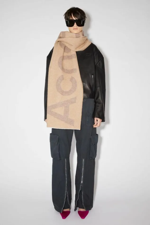 Acne Studios Scarves Woman Logo Wool Blend Scarf Camel Brown