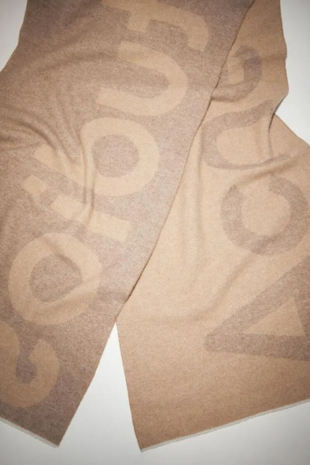 Acne Studios Scarves Woman Logo Wool Blend Scarf Camel Brown