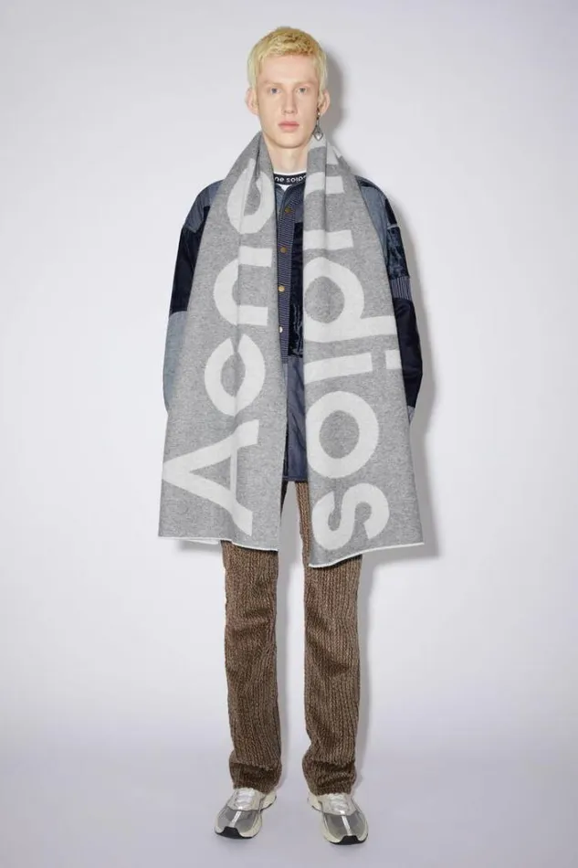 Acne Studios Scarves Woman Logo Wool Blend Scarf Grey