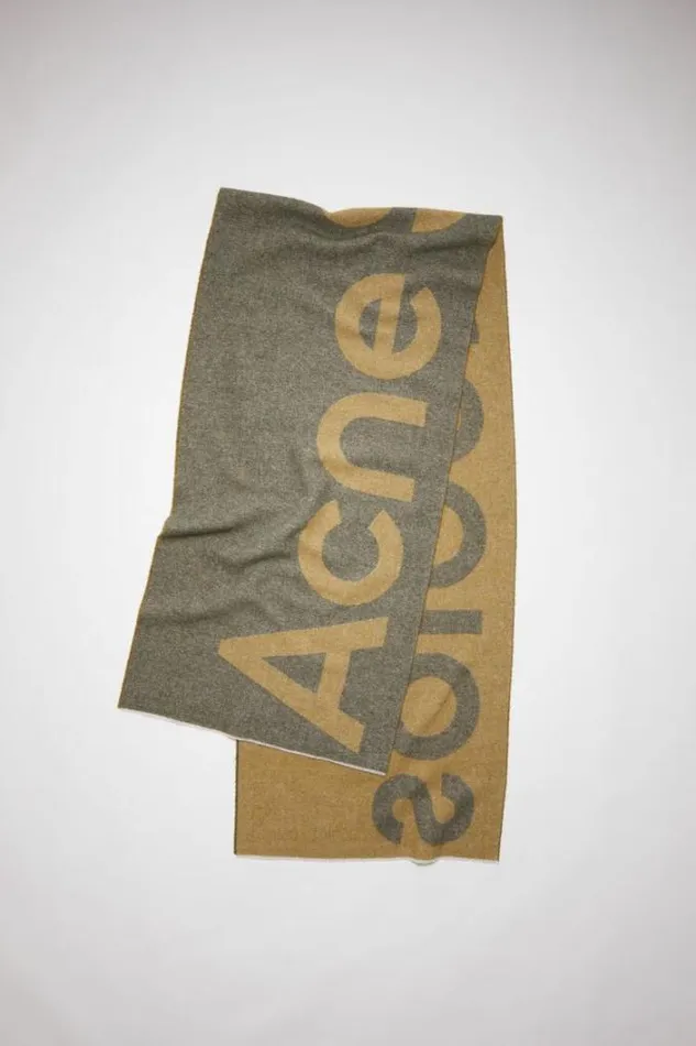 Acne Studios Scarves Woman Logo Wool Blend Scarf Khaki GreenMustard Yellow