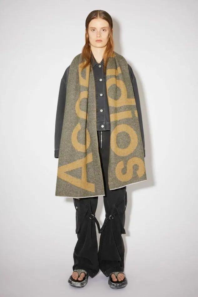 Acne Studios Scarves Woman Logo Wool Blend Scarf Khaki GreenMustard Yellow