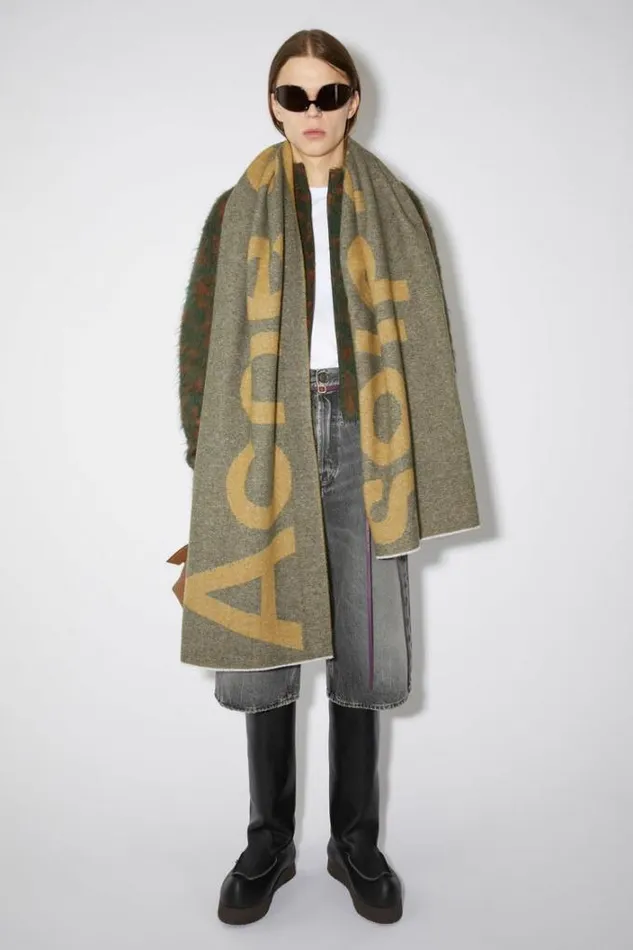 Acne Studios Scarves Woman Logo Wool Blend Scarf Khaki GreenMustard Yellow