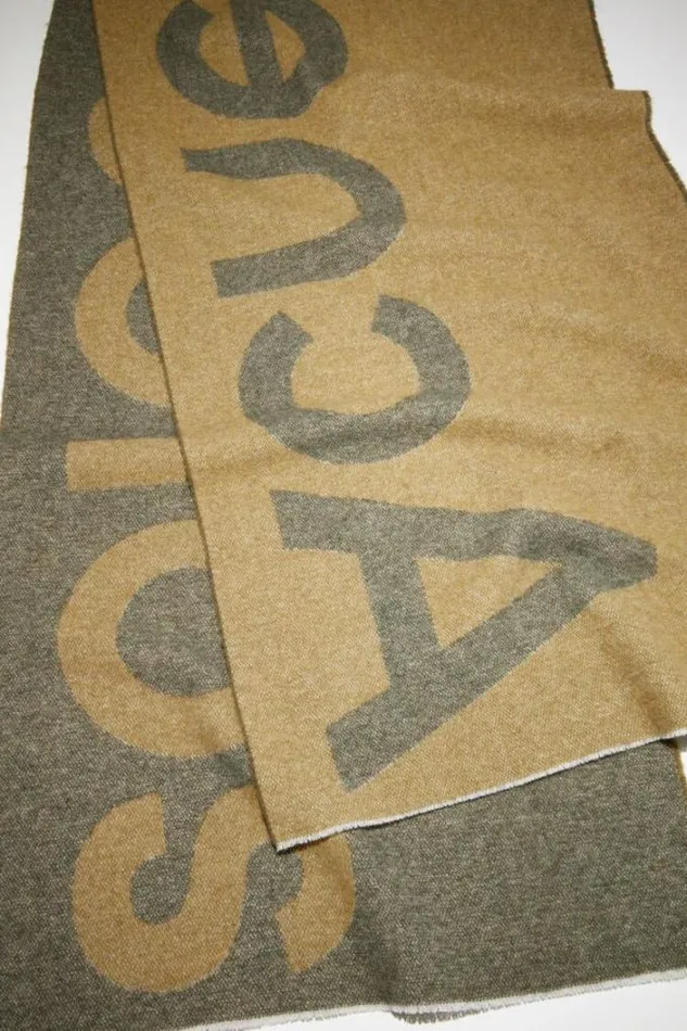 Acne Studios Scarves Woman Logo Wool Blend Scarf Khaki GreenMustard Yellow