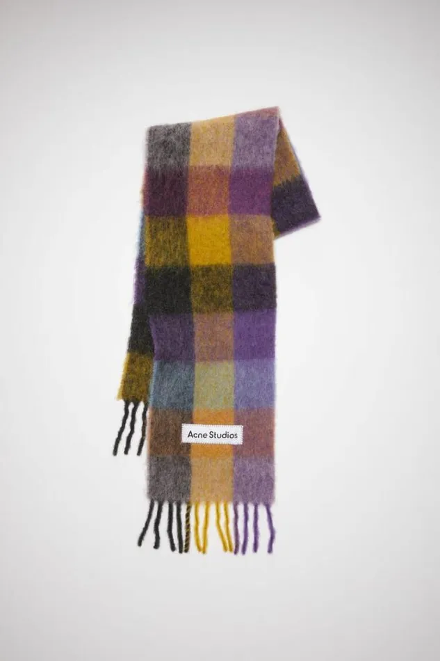 Acne Studios Scarves Woman Mohair Checked Scarf Anthracite GreyYellowPurple